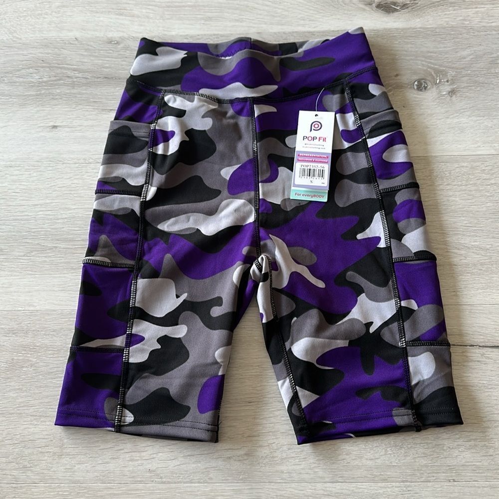 Pop Fit Stella Shorts Purple/Grey/Black Camo Shorts S NWT IN PACKAGE